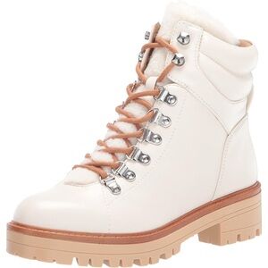 Marc Fisher Women's Mallie Cream Lace-Up Vegan Ankle Boots Faux Fur-Size 9.5